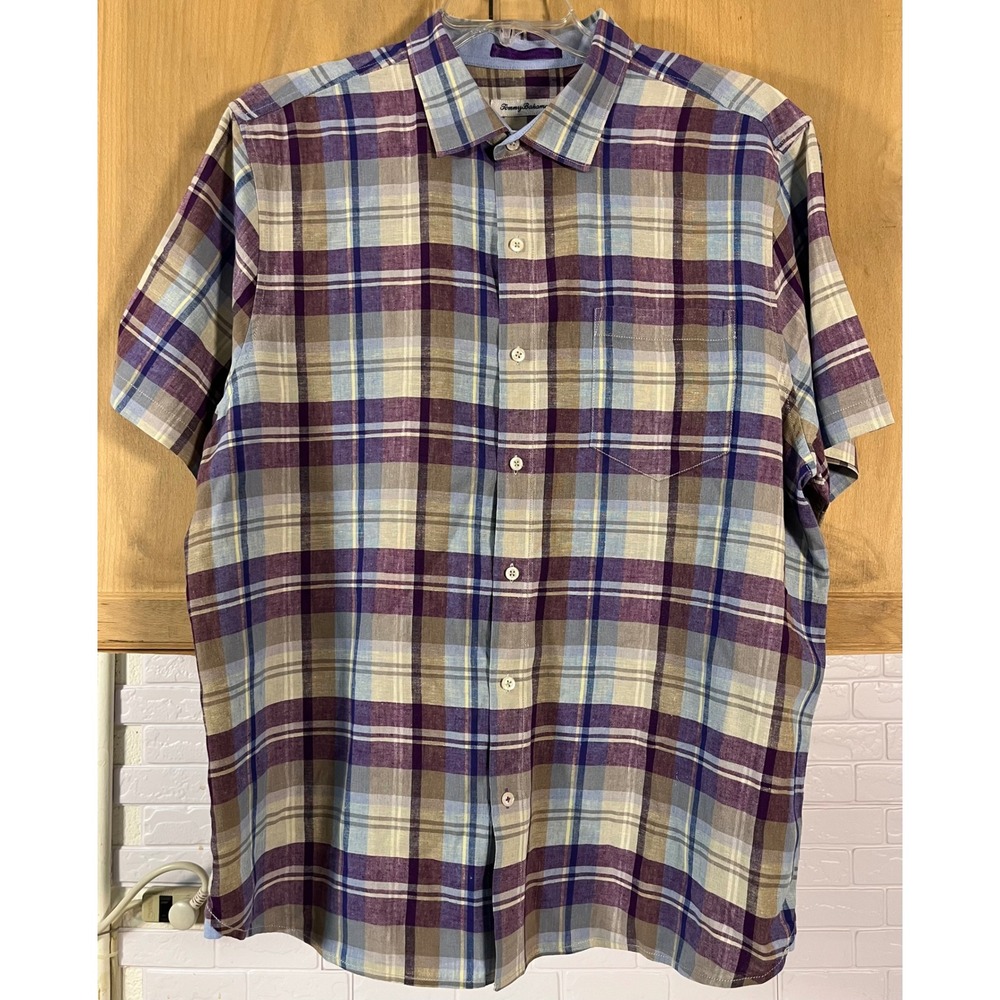 Tommy Bahama Button Down Shirt Mens‎ XL Purple Blue Plaid Short Sleeve